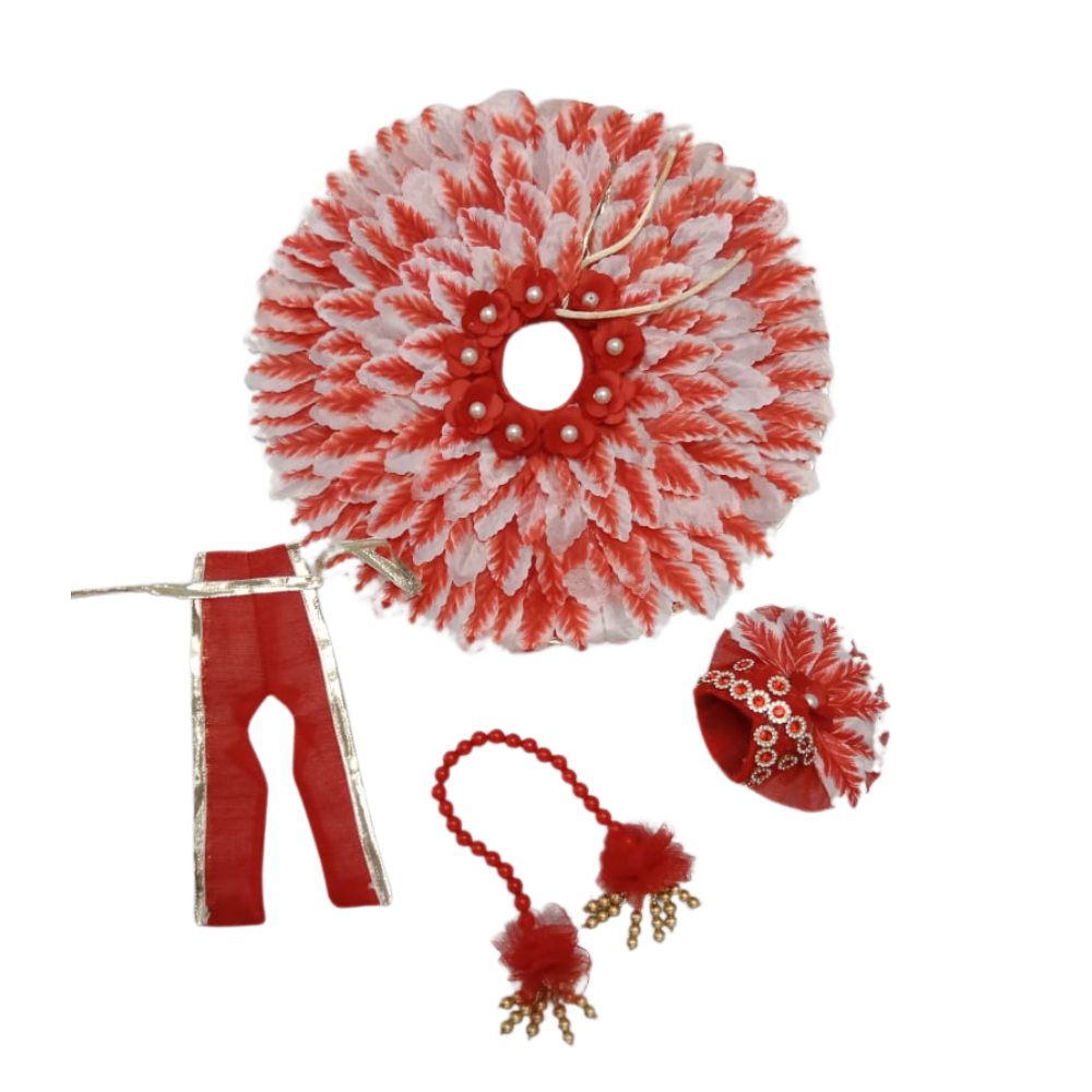 Mahashringar Laddu Gopal Designer Dress With Mukut and Beautiful Mala | Red Color | Size 5