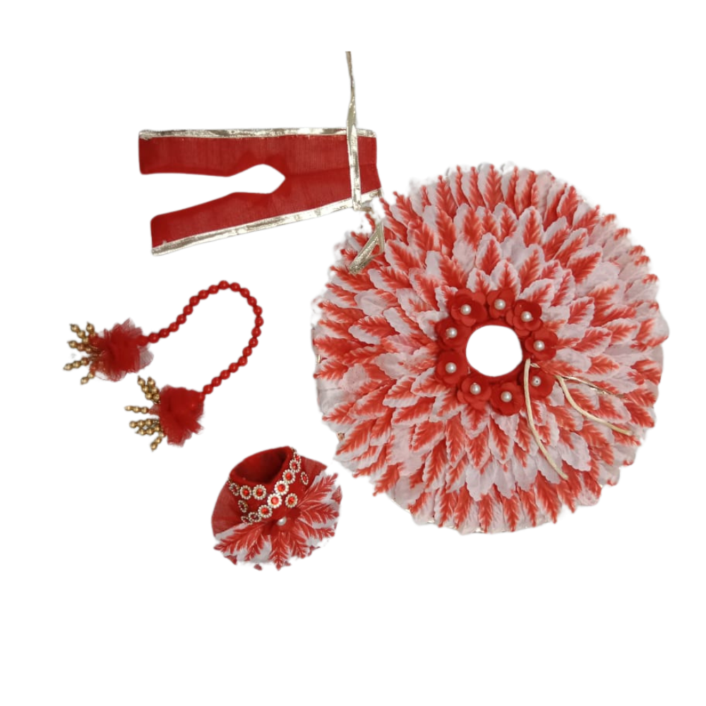 Mahashringar Laddu Gopal Designer Dress With Mukut and Beautiful Mala | Red Color | Size 5