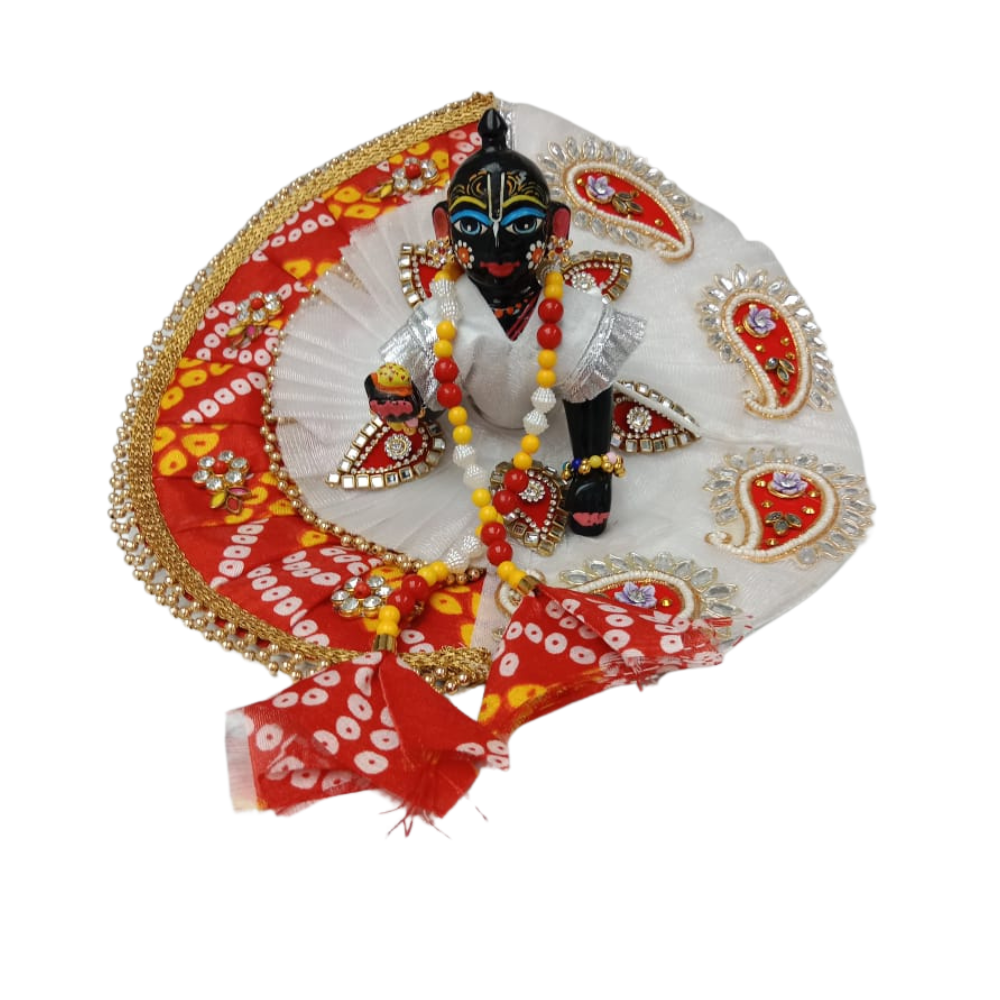 Laddu Gopal Designer Dress | Kanha Ji Heavy Work Dress | Red & White Color Dress | Size 5