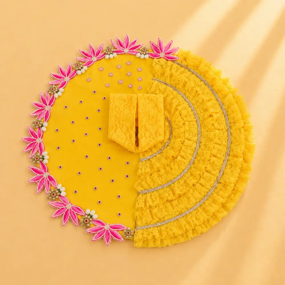 handmade yellow laddu gopal poshak with lace frill and pink floral border size 10.webp