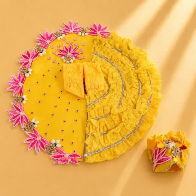 premium yellow laddu gopal designer dress set with pink lotus border lace frill and matching mukut size 10.webp