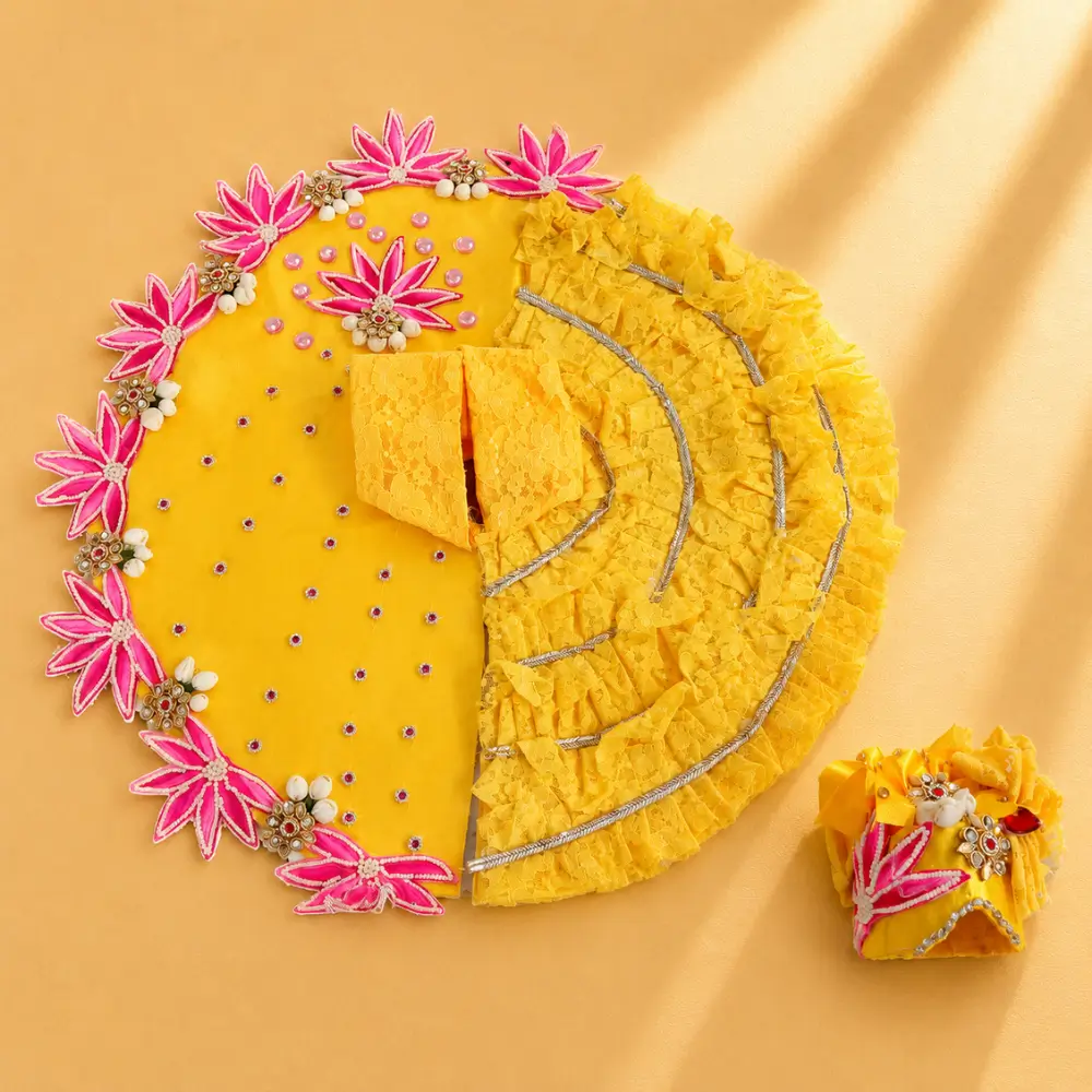 premium yellow laddu gopal designer dress set with pink lotus border lace frill and matching mukut size 10.webp