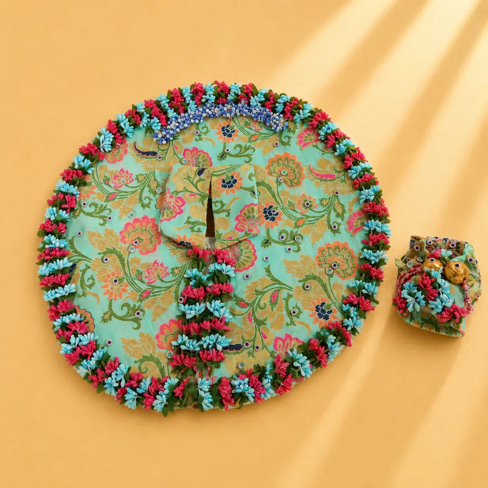 premium sky blue laddu gopal designer dress set with colorful floral border and matching mukut size 10.webp