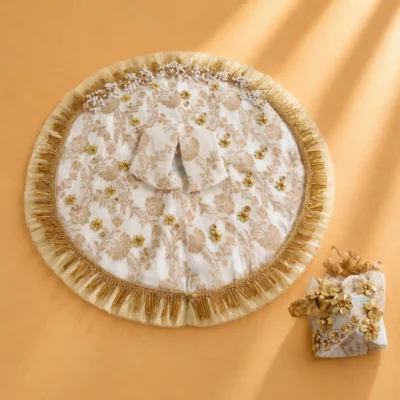 premium white gold laddu gopal designer dress set with floral embroidery and matching mukut size 10.webp