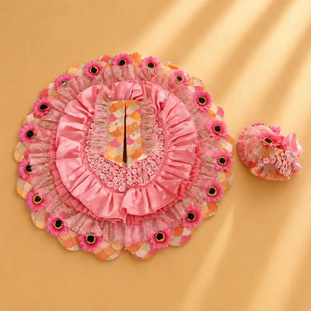 premium pink floral laddu gopal heavy designer dress set with matching mukut size 10.webp