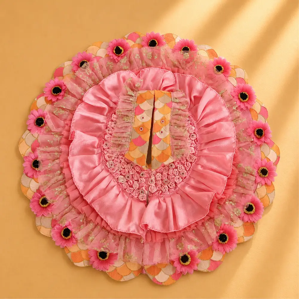 handmade pink laddu gopal poshak with flower lace work and mukut size 10.webp