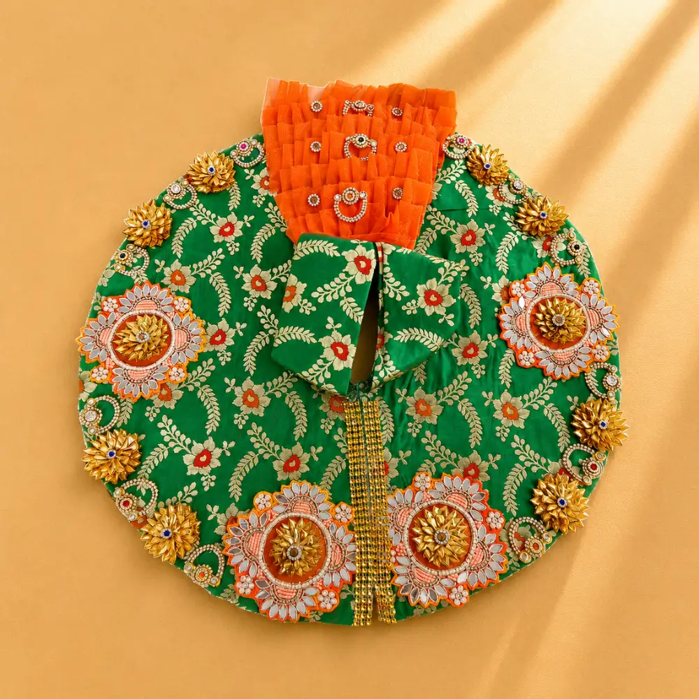 handmade green laddu gopal poshak with floral embroidery and orange pagdi size 10.webp