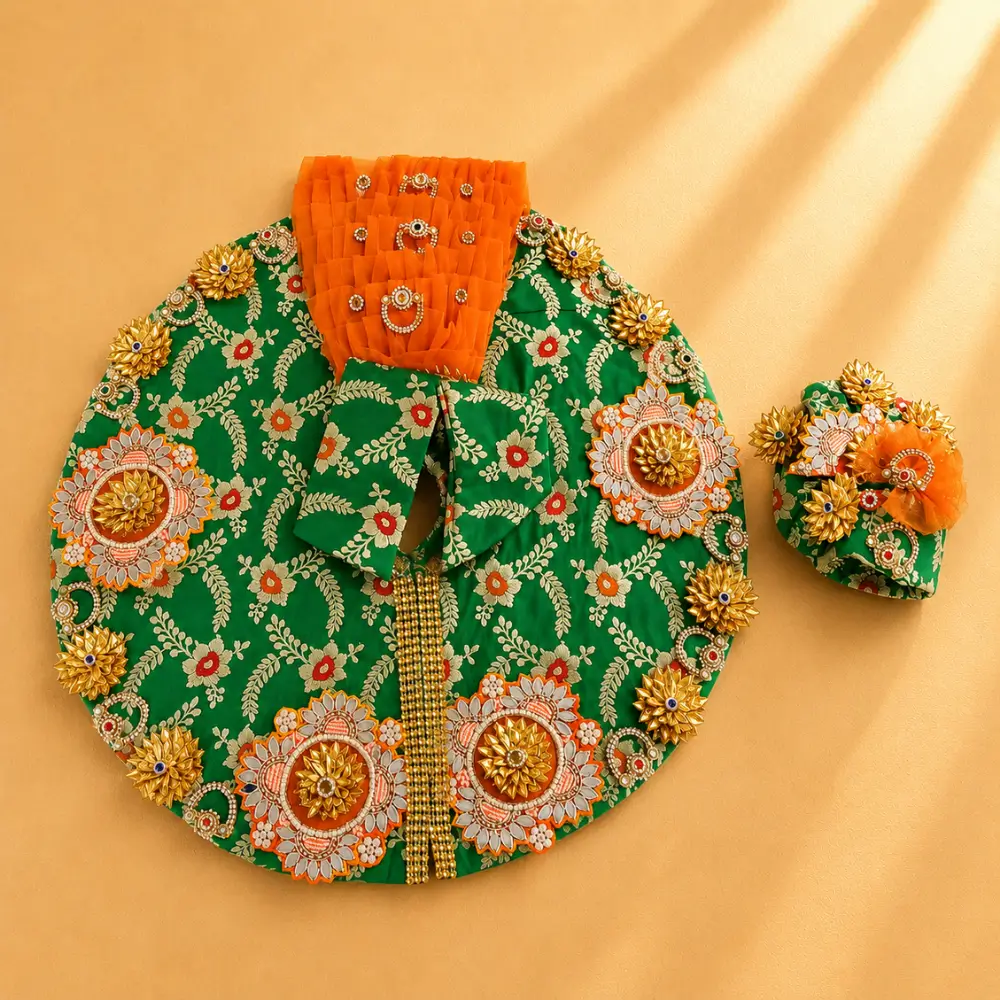 premium green floral laddu gopal designer dress set with orange frill and matching mukut size 10.webp