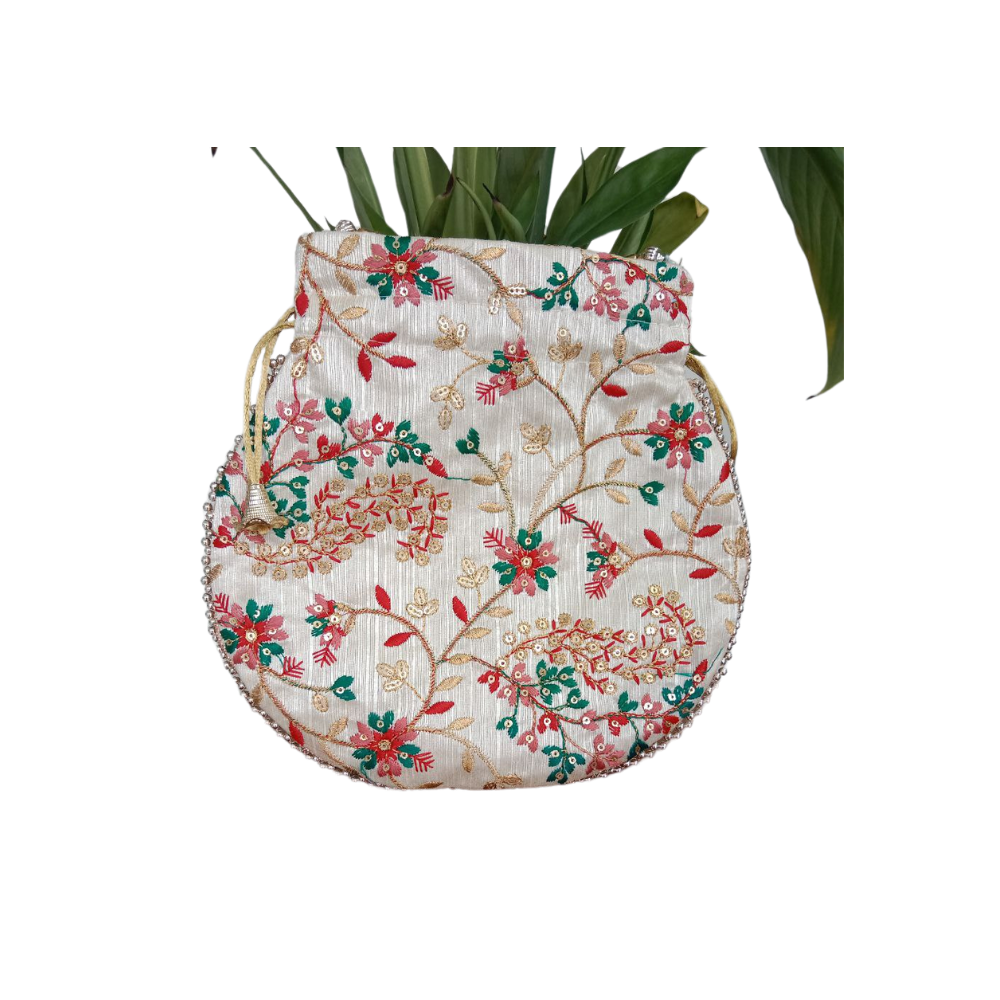 Mahashringar Beautiful Multicolor embroidery Design | Beige potli | Bag