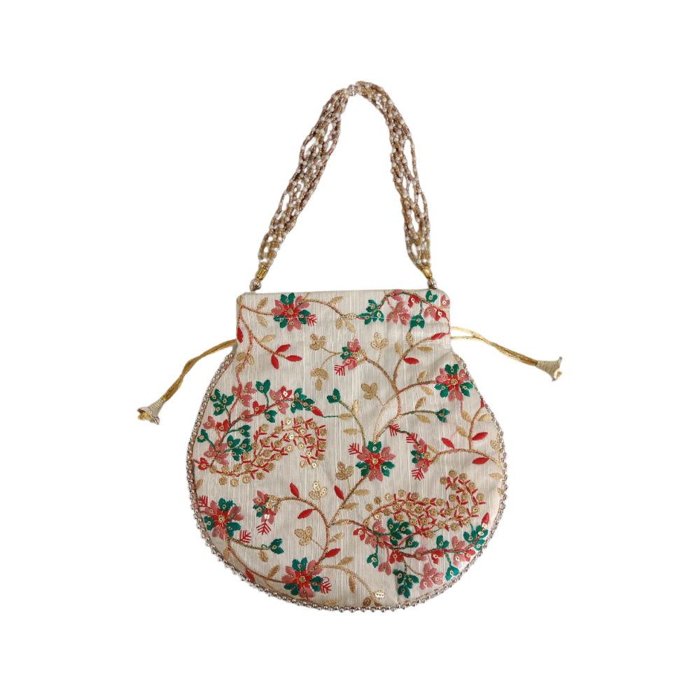 Mahashringar Beautiful Multicolor embroidery Design | Beige potli | Bag