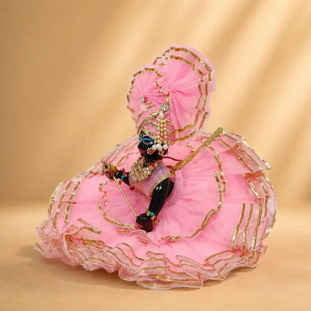 designer pink bal gopal poshak with golden border and pagdi