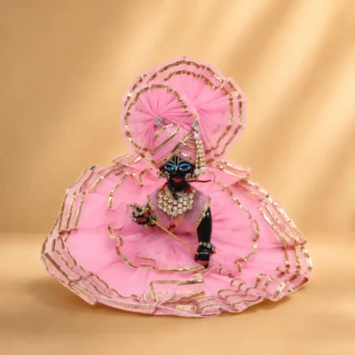 pink laddu gopal designer poshak with golden frill and matching pagdi