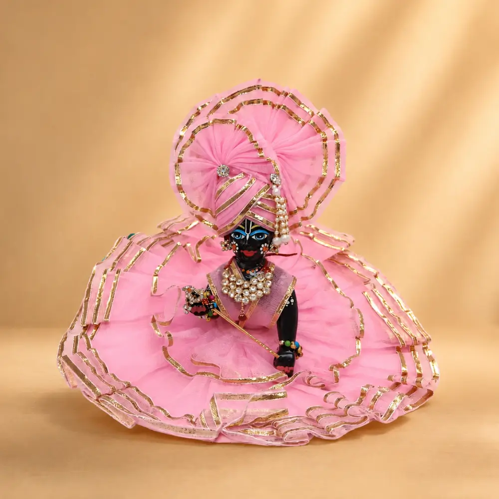 pink laddu gopal designer poshak with golden frill and matching pagdi