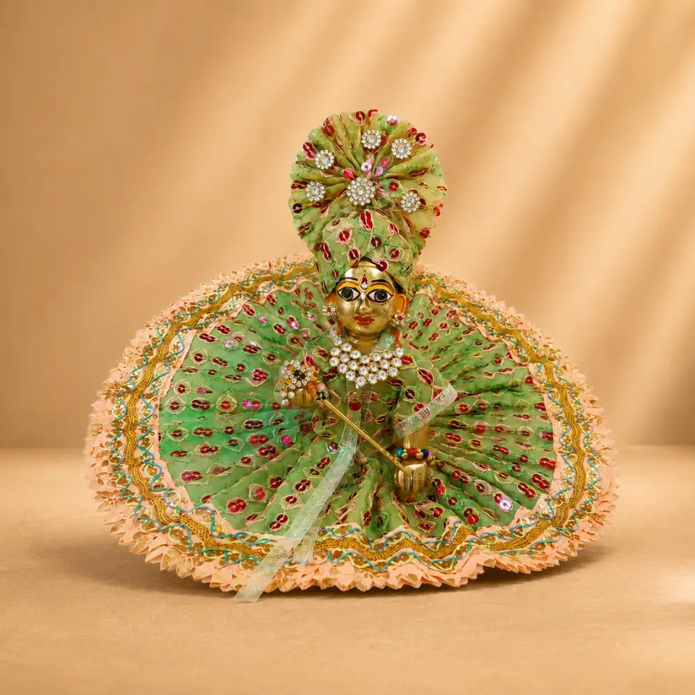 laddu gopal green bandhani designer dress front view