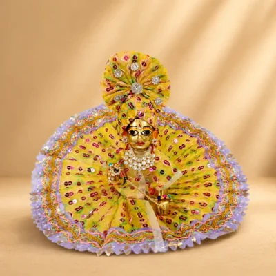 yellow printed laddu gopal designer poshak with lavender frill and premium pagdi