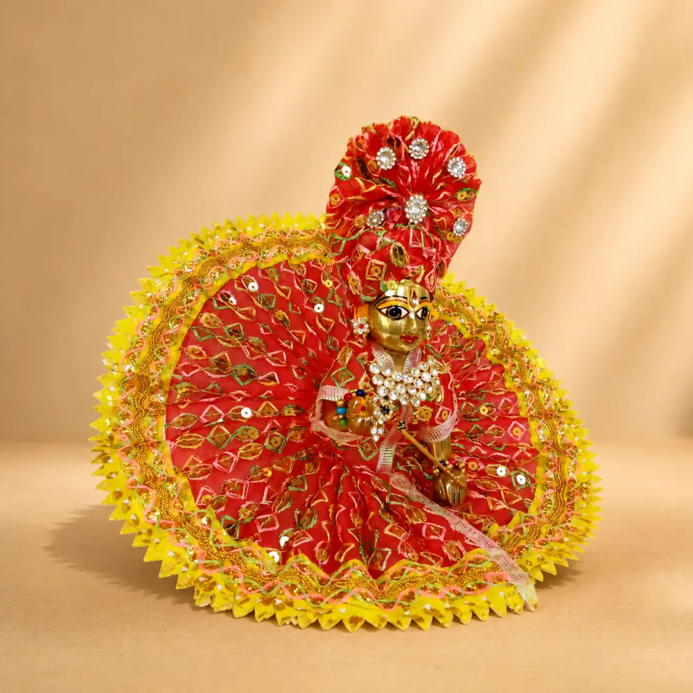 Laddu Gopal Red Designer Dress with Yellow Lace Border