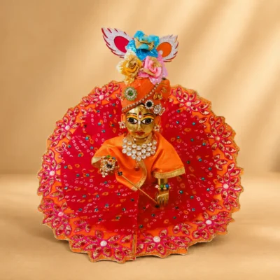 laddu gopal orange red bandhani designer poshak handmade festival dress