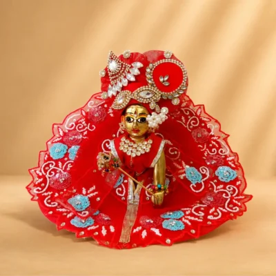 Laddu Gopal Red Designer Dress with Mukut & Embroidered Poshak Set