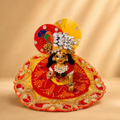 laddu gopal red bandhani poshak with yellow pagdi