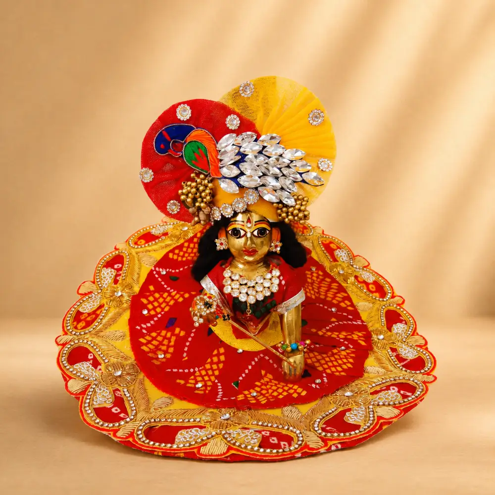 laddu gopal red bandhani poshak with yellow pagdi