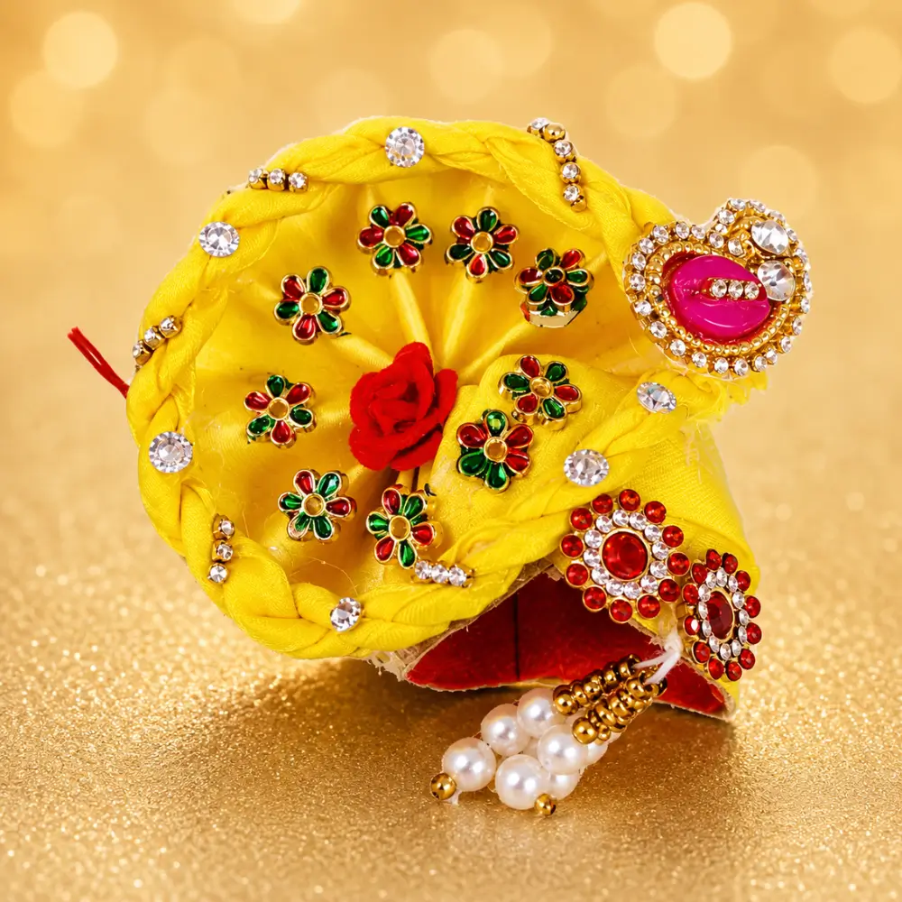 laddu gopal designer mukut yellow floral stone work front view