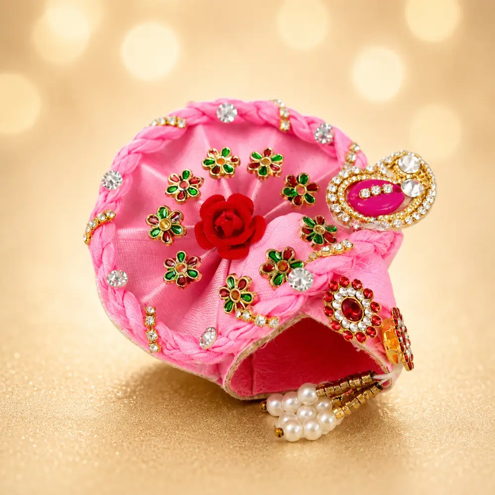 laddu gopal designer mukut pink handmade stone work side view