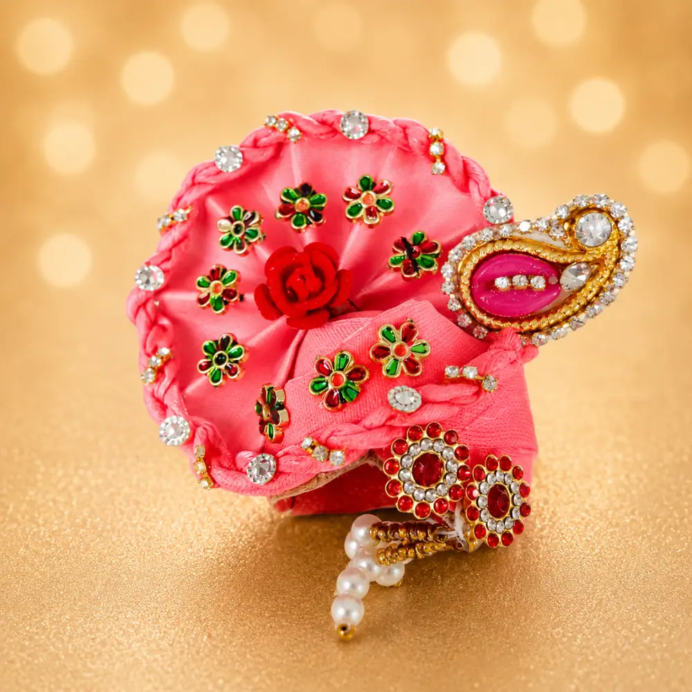 laddu gopal designer mukut pink floral stone work front view