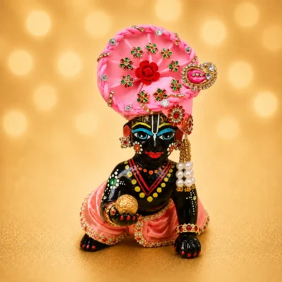 laddu gopal designer mukut pink festive shringar on kanha ji