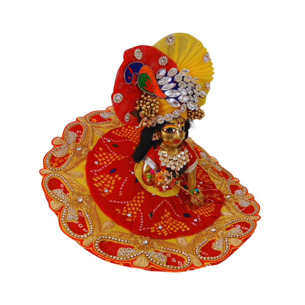 Laddu Gopal Bandhej Work Design Dress With Mukut | Red Color | Size- 6, 5 ,4