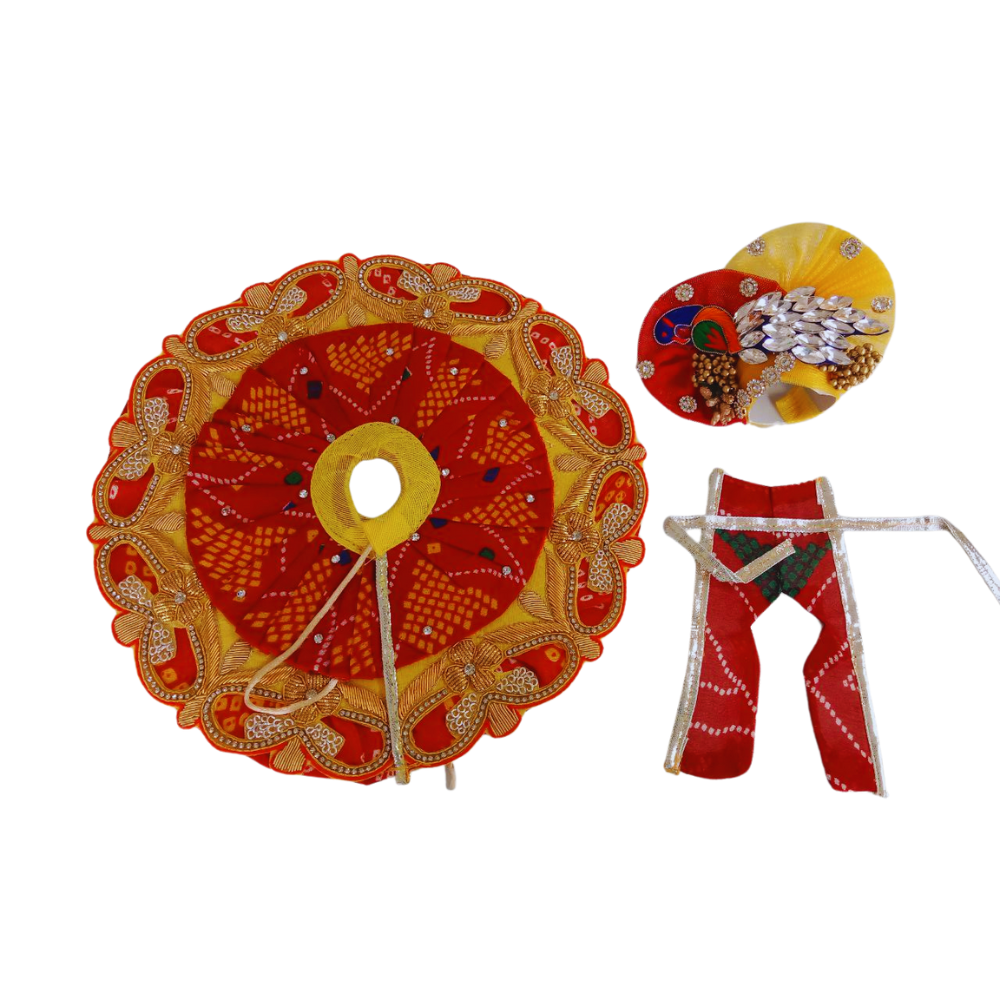 Laddu Gopal Bandhej Work Design Dress With Mukut | Red Color | Size- 6, 5 ,4