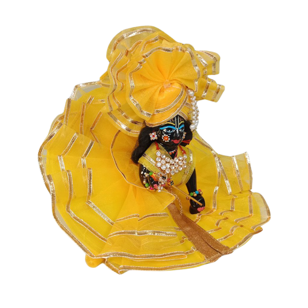 Laddu Gopal Gota Work Design Dress With Mukut | Yellow Color | Size- 0, 1, 2, 4, 5