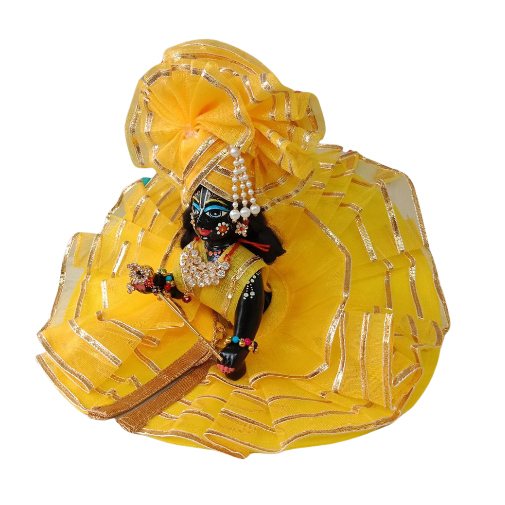 Laddu Gopal Gota Work Design Dress With Mukut | Yellow Color | Size- 0, 1, 2, 4, 5