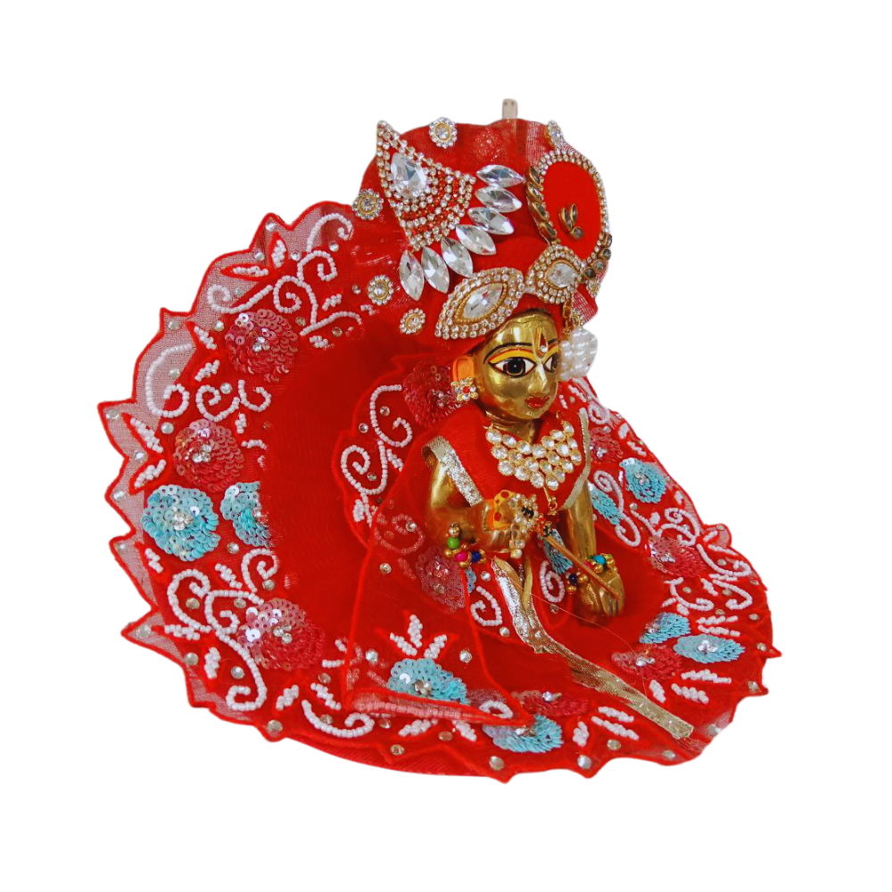 Laddu Gopal Heavy Work Design Dress With Mukut | Red Color | Size- 2,4,5