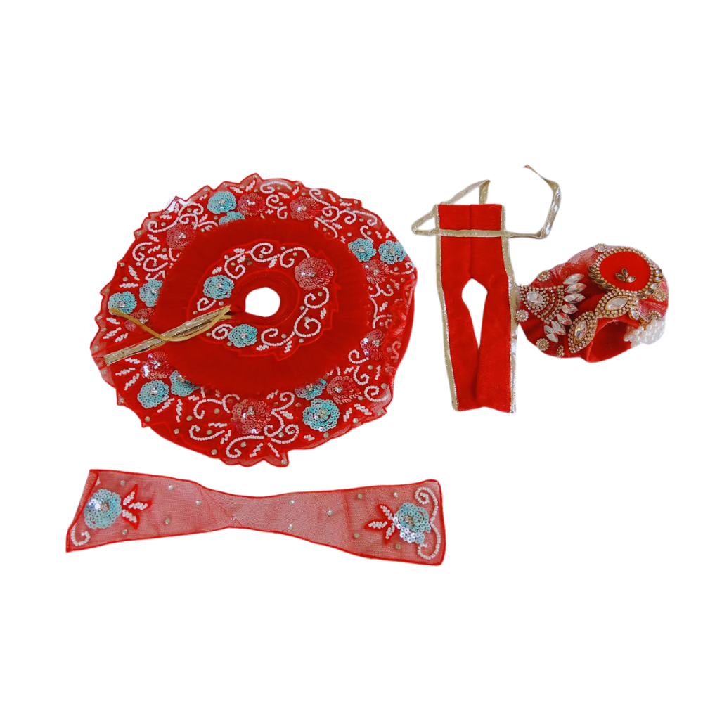 Laddu Gopal Heavy Work Design Dress With Mukut | Red Color | Size- 2,4,5