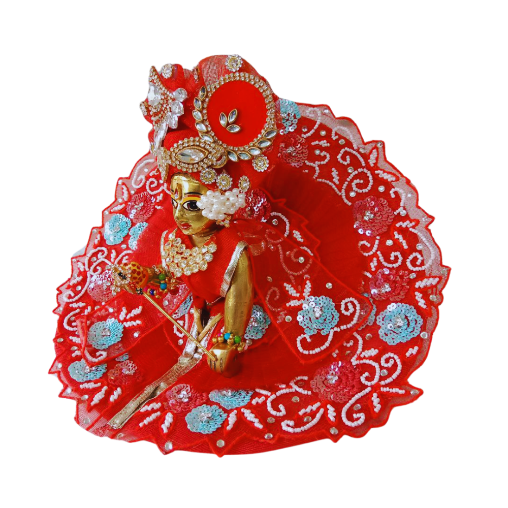 Laddu Gopal Heavy Work Design Dress With Mukut | Red Color | Size- 2,4,5