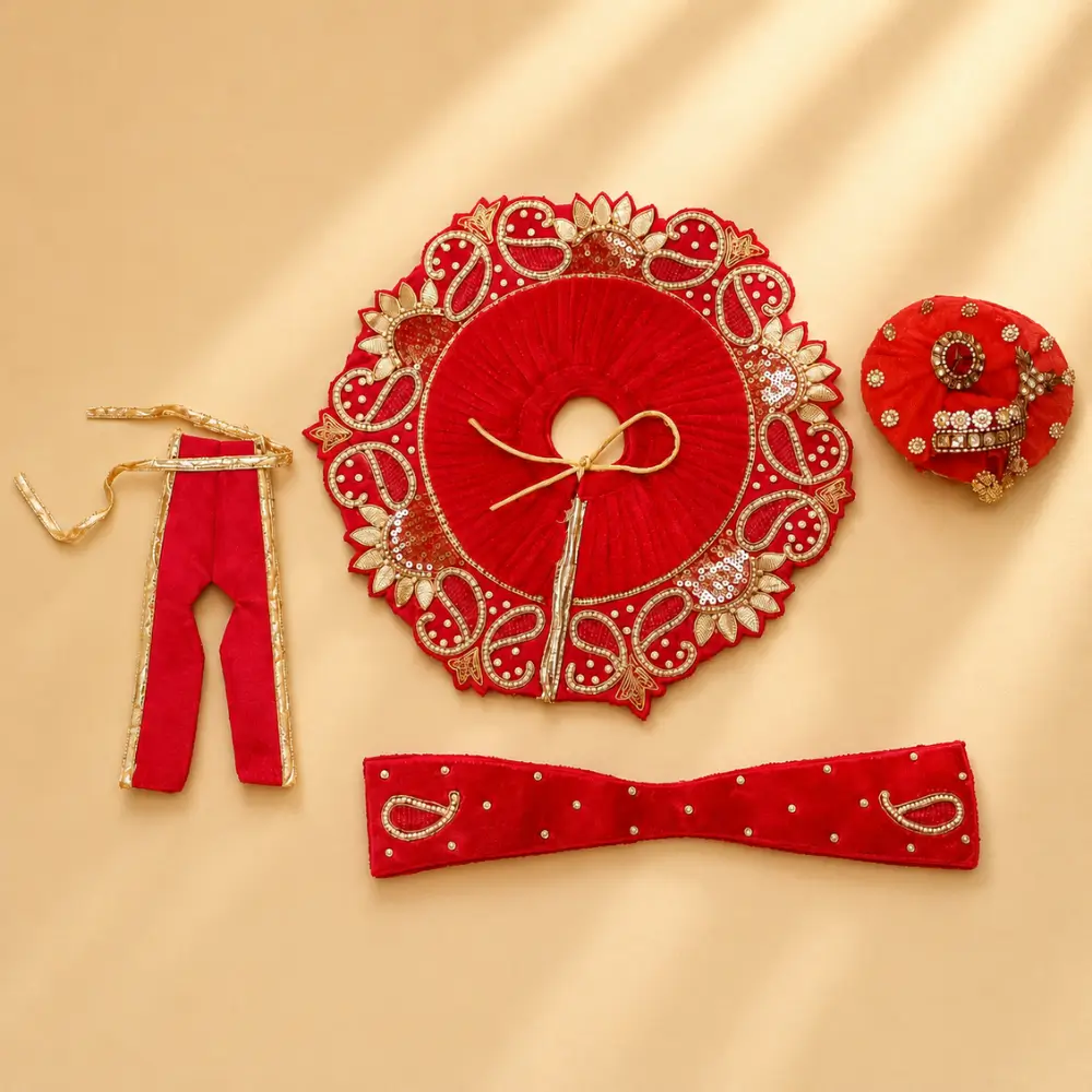 red laddu gopal designer poshak mukut flared dress set