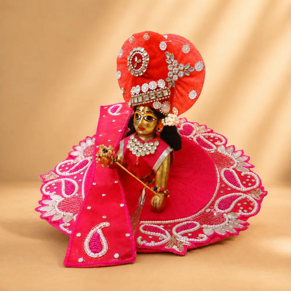 luxury red embroidered laddu gopal dress with mukut