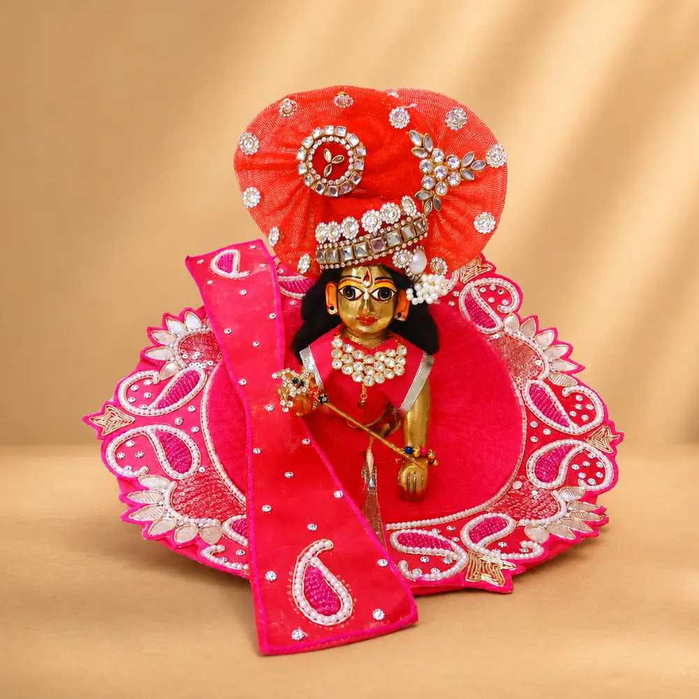 premium red laddu gopal designer poshak mukut flared dress set