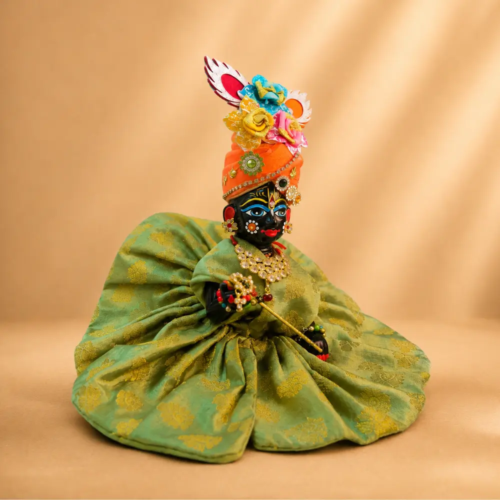 designer green silk laddu gopal poshak fancy floral crown