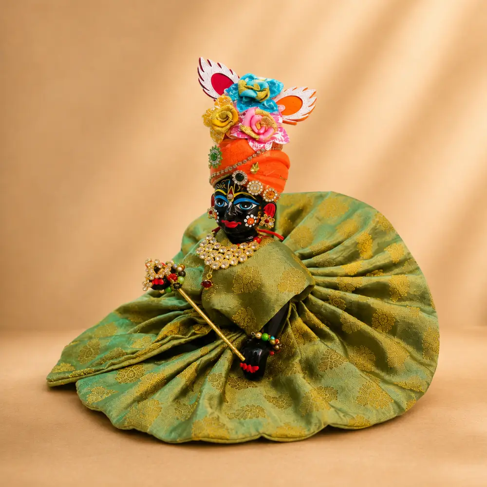 luxury green banarasi laddu gopal dress orange mukut