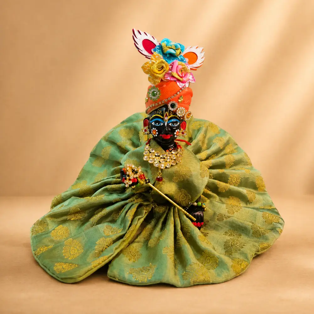 premium olive green brocade laddu gopal designer poshak floral mukut