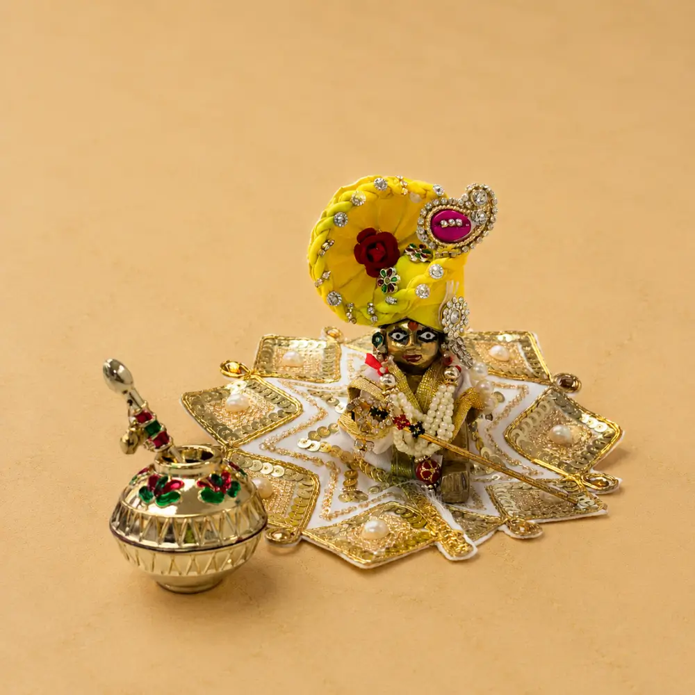 Golden Handcrafted Matki with Mathani for Krishna Idol