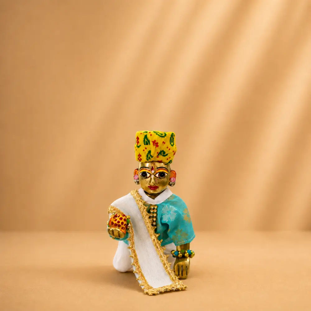 sky blue cotton laddu gopal dhoti kurta yellow pagdi