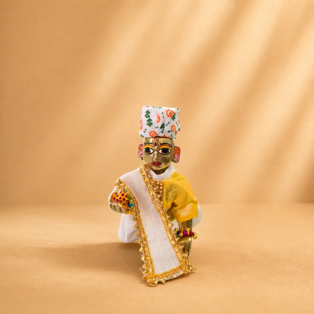 yellow cotton laddu gopal dhoti kurta white floral pagdi