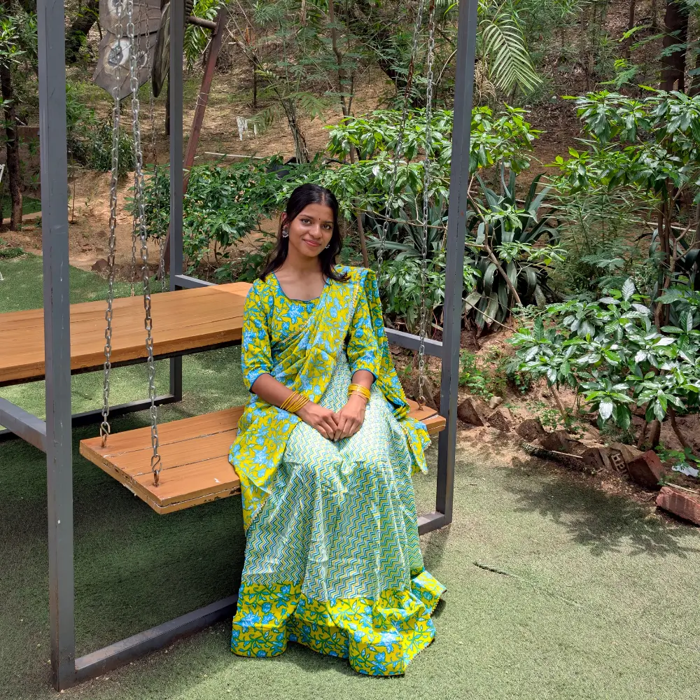 Blue Yellow Cotton Gopi Dress for Women – Traditional Radha Outfit Lifestyle View