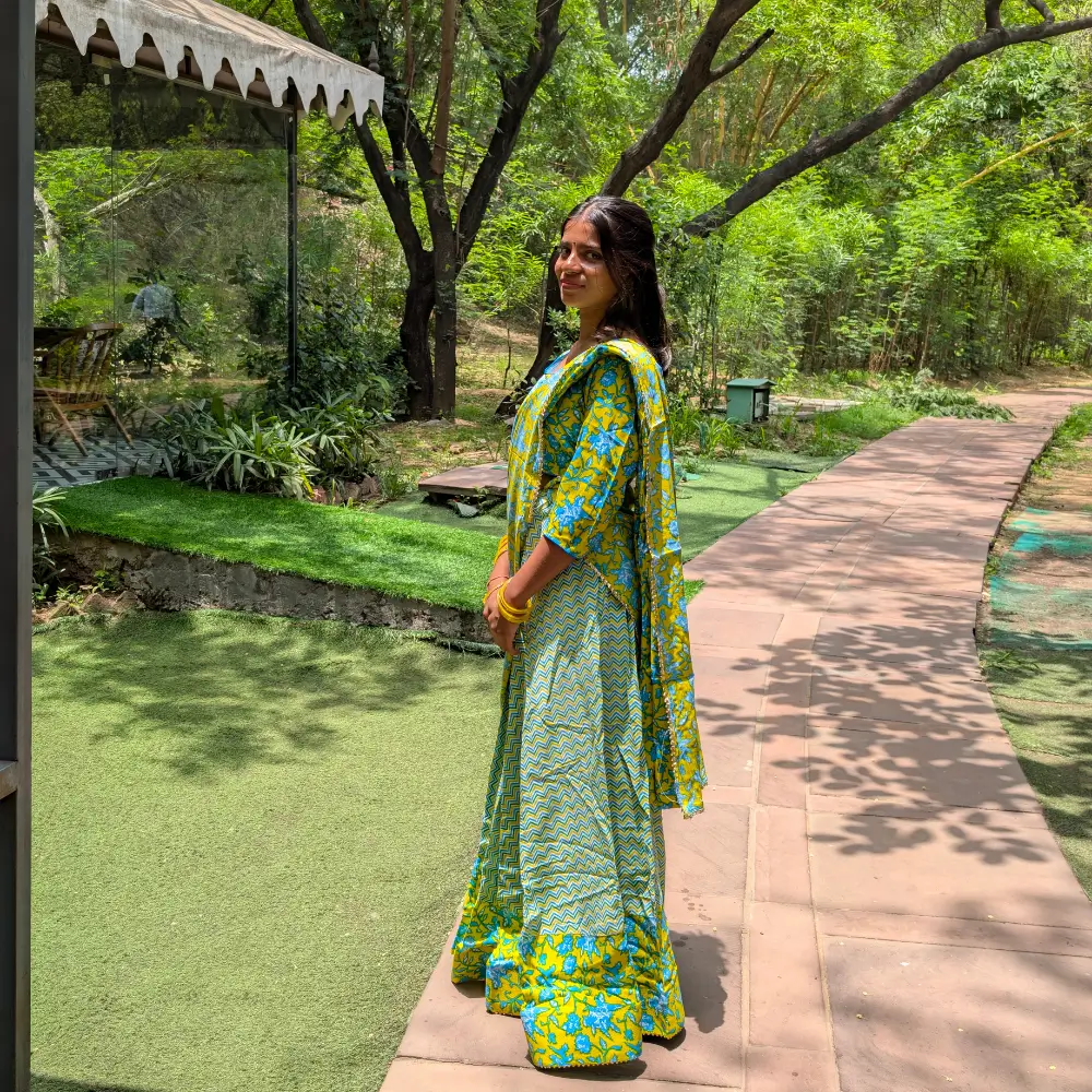 Blue Yellow Gopika Dress in Cotton Fabric Vrindavan Style Radha Outfit Side View