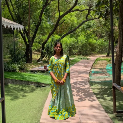 Blue Yellow Gopi Dress Vrindavan for Women Cotton Radha Outfit Front View