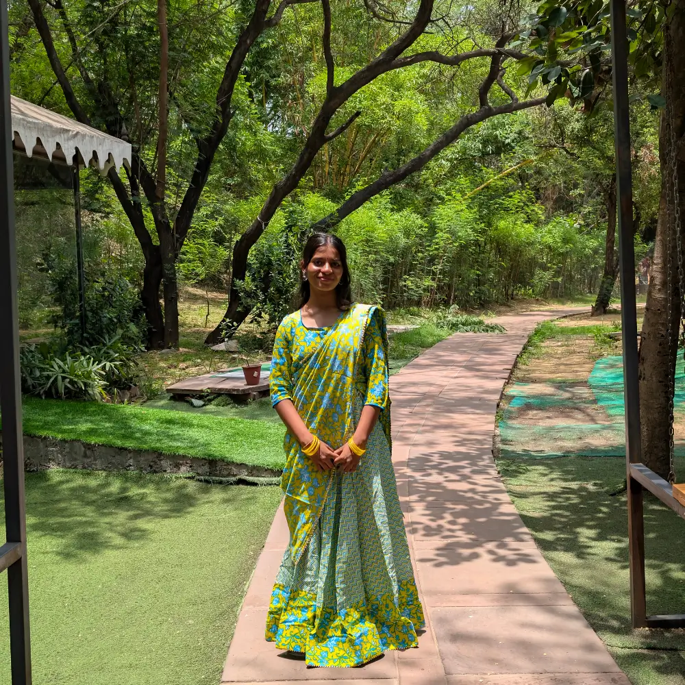 Blue Yellow Gopi Dress Vrindavan for Women Cotton Radha Outfit Front View