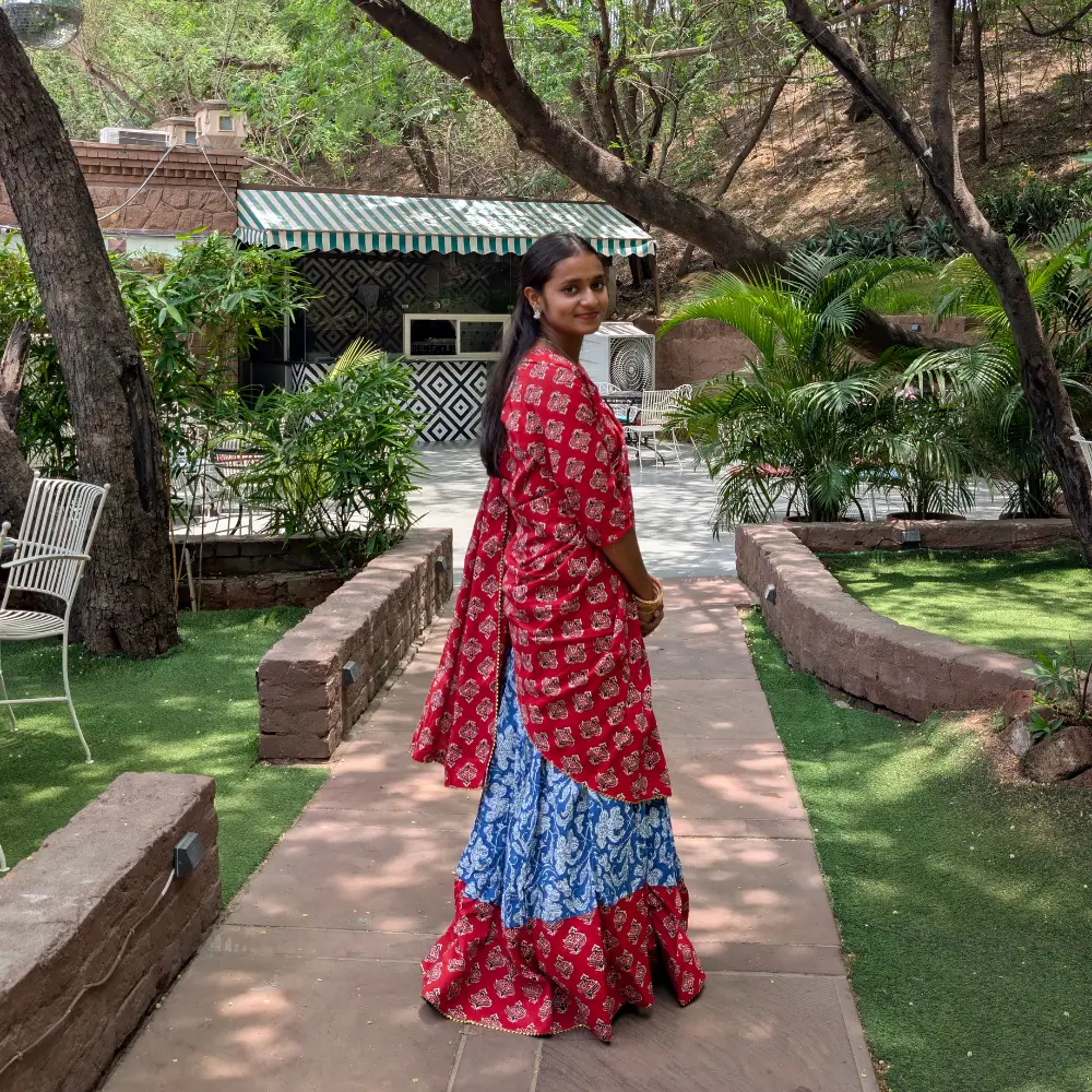 Red Blue Cotton Gopi Dress for Women – Traditional Radha Outfit Back View