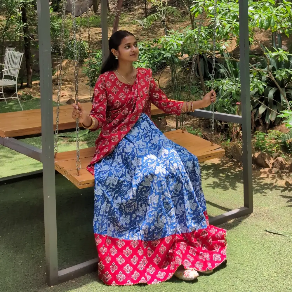 Red Blue Gopi Lehenga in Cotton Fabric Traditional Radha Outfit for Women